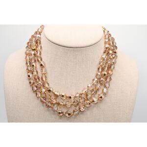 Vintage 3 Strand Crystal Bead Necklace Gold Tone AB 1950s Choker 15"